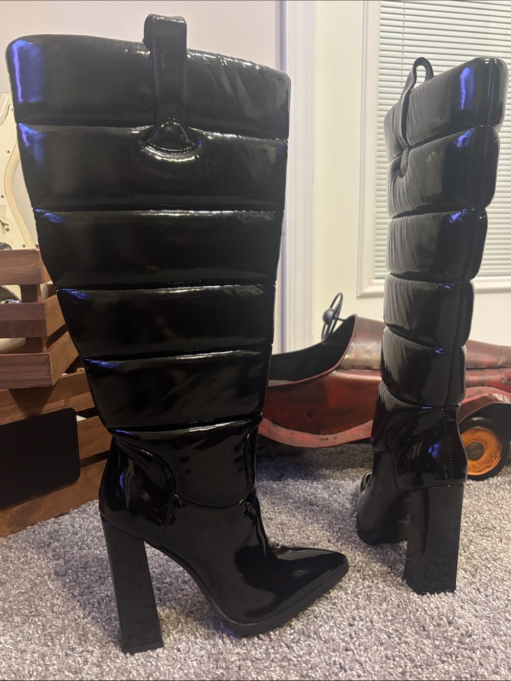 Patent Quilted Knee-High Block Heel Boots - Black